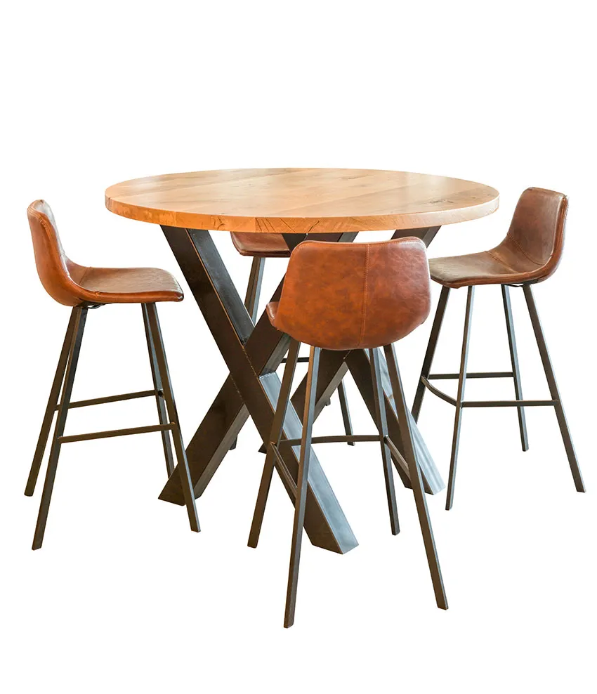 Vier-Charlie-barkrukken-met-ronde-X-poot-tafel Stalen onderstel X-poot H