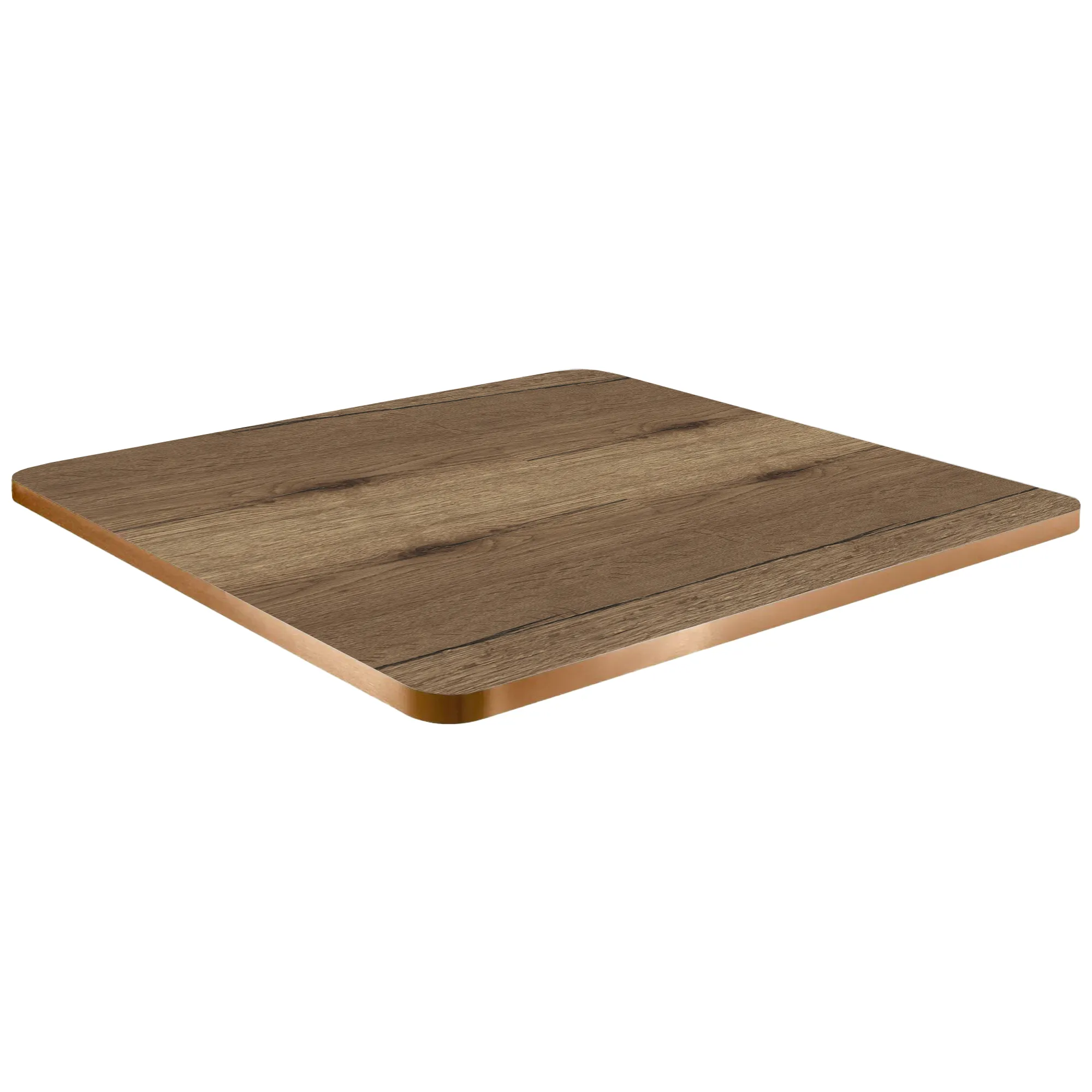 Melamine tafelblad 70x70 Halifax Oak Tobacco met koperen rand en afgeronde hoeken Melamineblad Halifax Oak Tobacco met afgeronde hoeken en messing/koper rand
